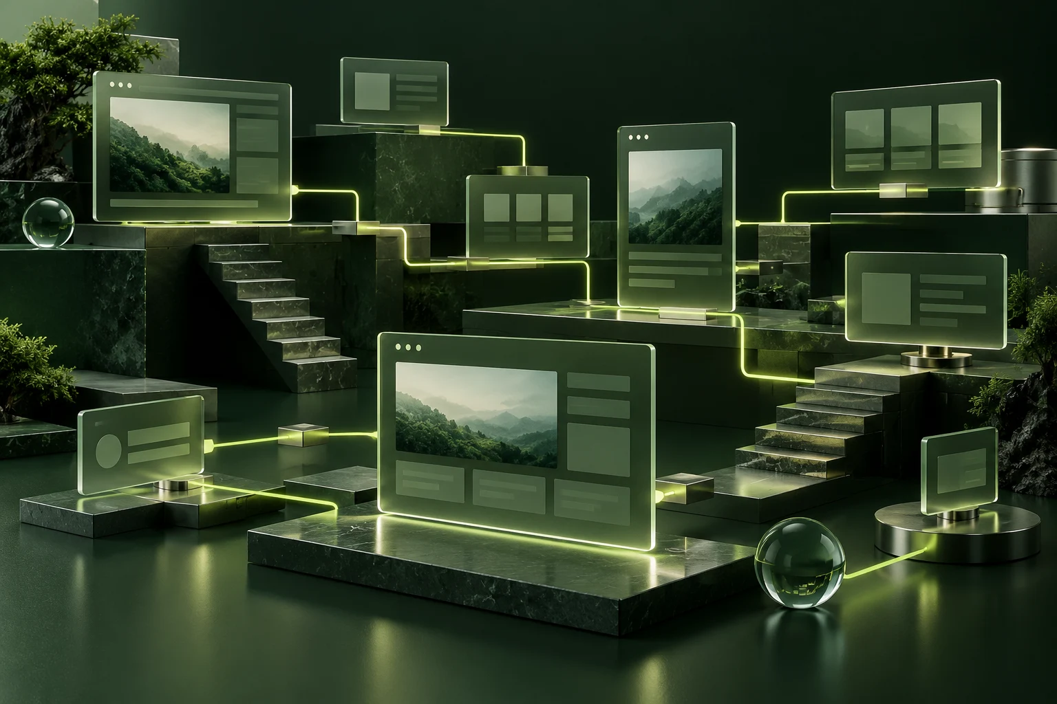 Connected green glass page structures forming a sculptural website map