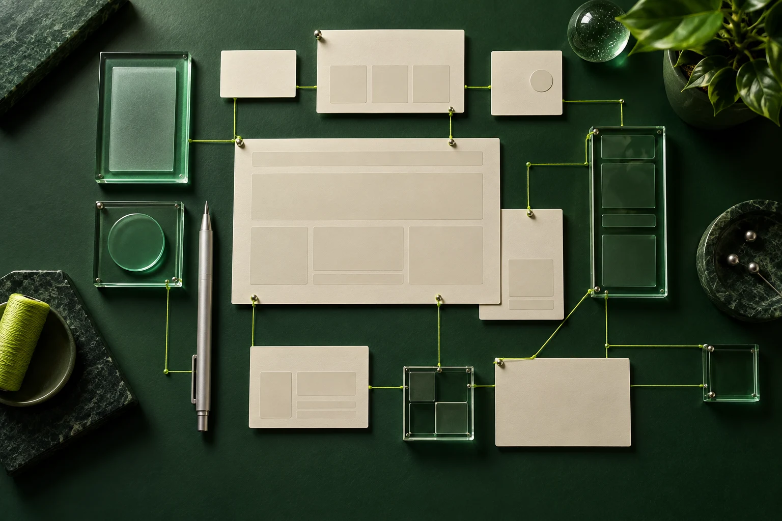 An overhead workspace with green glass modules and paper website-planning materials